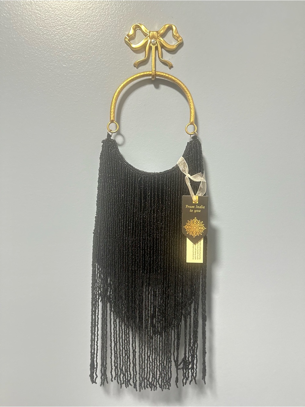 Black Beaded Fringe Party Bag with Brass Handle NWT